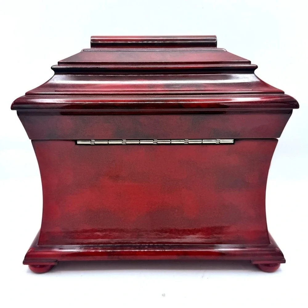 Vintage Burgundy Lacquer Pagoda Jewelry Chest Global Views w/Keys Removable Tray
